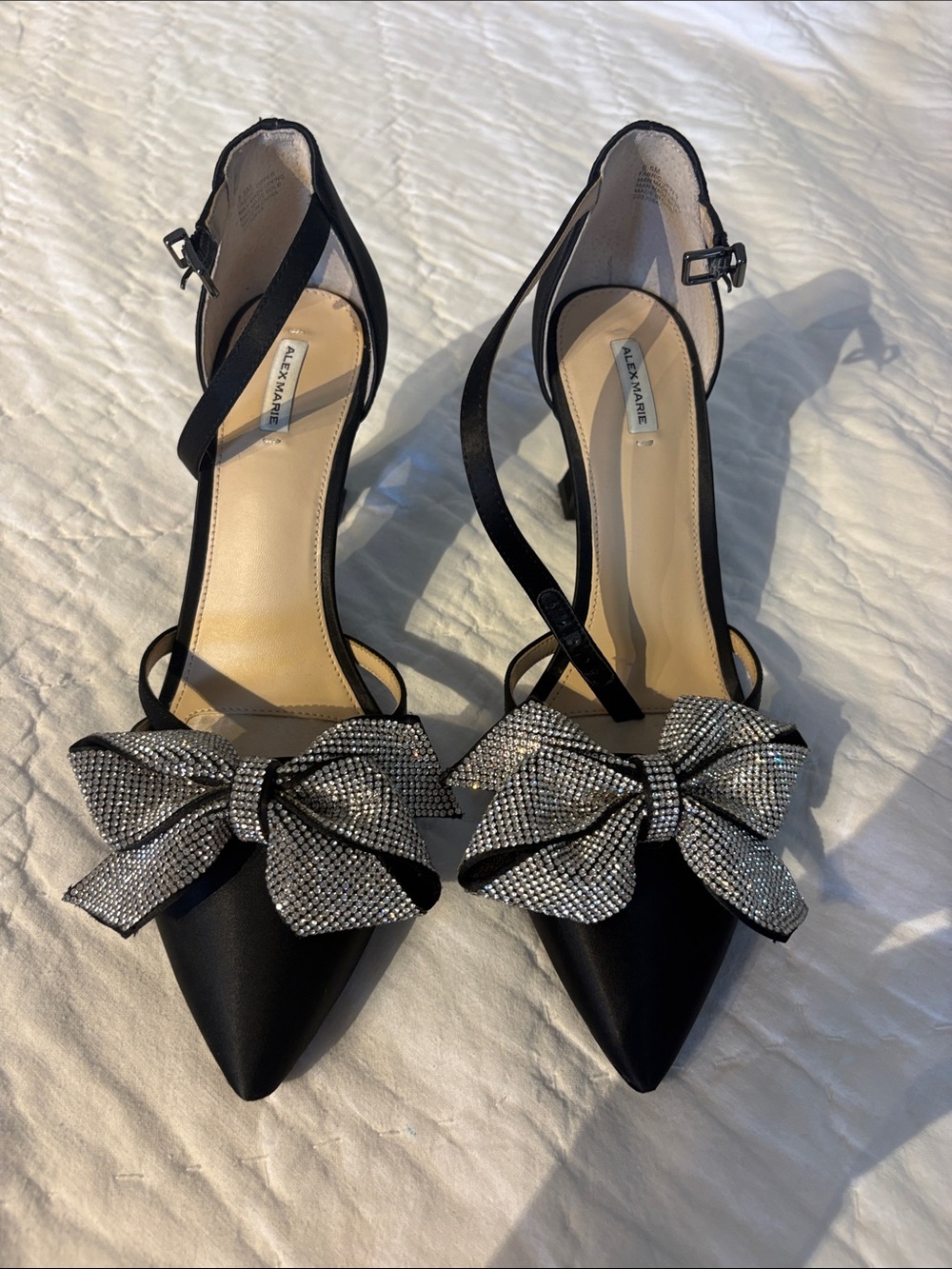 Alex Marie Black Satin Pointed Heels with Crystal Bow Accent worn once